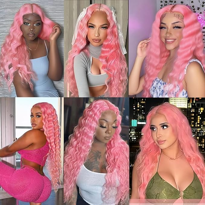 Pure Pink Deep Wave Bundles Pink Human Hair Bundle Peruvian Grade 8A Virgin Hair 3 Bundles 22 24 26 Inch Double Weft Hair Weave