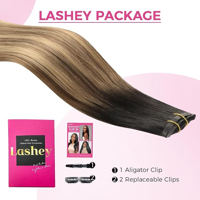 Lashey Seamless Clip in Hair Extensions Human Hair 4pcs 37g 14 Inch Straight Ombre Balayage Ash Brown Highlighted Honey Blonde with Natural Black Dark Roots