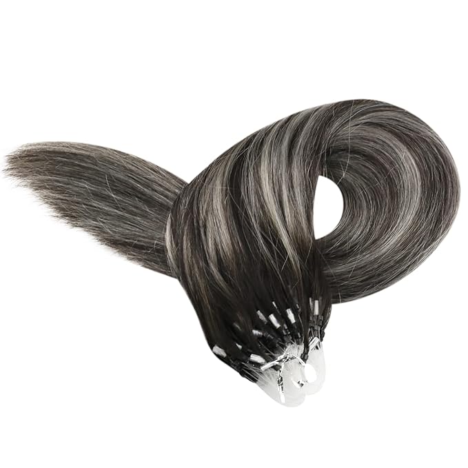 YoungSee Micro Loop Hair Extensions Real Human Hair Silver Balayage Micro Bead Hair Extensions Human Hair Black Ombre Silver Microlink Hair Extension Balayage Black 18 Inch 1g/s 50g 50s