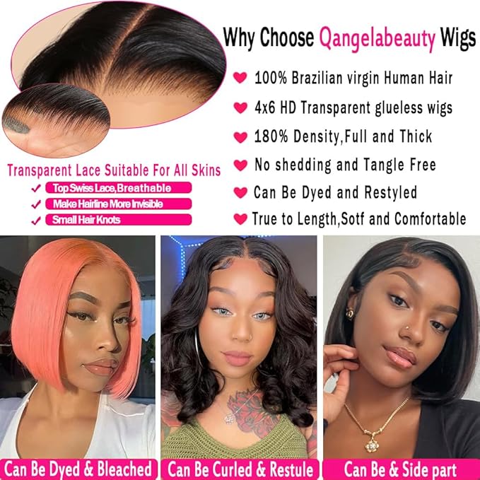 4x6 Glueless Wigs - Human Hair 8 Inch Bob, Pre Plucked, Pre Cut, 180% Density, HD Transparent Frontal Lace Front Wigs for Women
