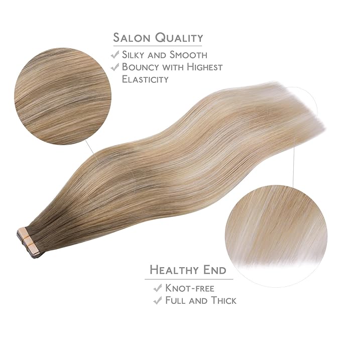 WENNALIFE Tape in Hair Extensions Human Hair, 20pcs 50g 18 inch Balayage Sandy Brown to Platinum Blonde Remy Hair Extensions for Women Tape Ins Straight Extensiones De Cabello Humano Skin Weft
