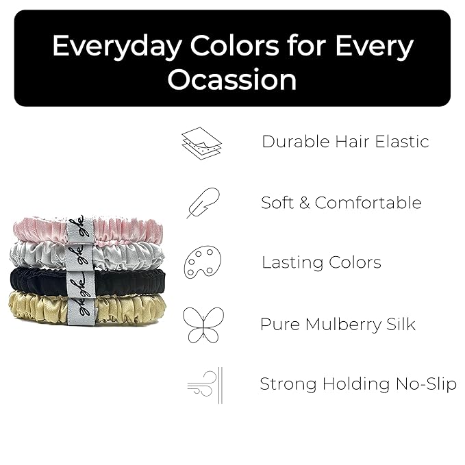 Soft Silk Satin Non Slip Hair Ties 6 Pack - Thin Elastic Ponytail Hair Band | Skinny Slim Srunchie for Thin or Thick Hair | No Crease or Damage Hair Accessories from GK by BEHA Life (6, Everyday)
