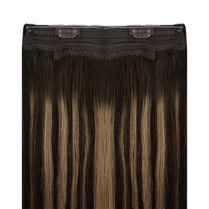 YoungSee Wire Human Hair Extensions Balayage Hair Extensions Wire Brown Fish Line Hair Extension Real Human Hair Balayage Chocolate Brown Mix Caramel Blonde Long Straight Hair 20In 100G