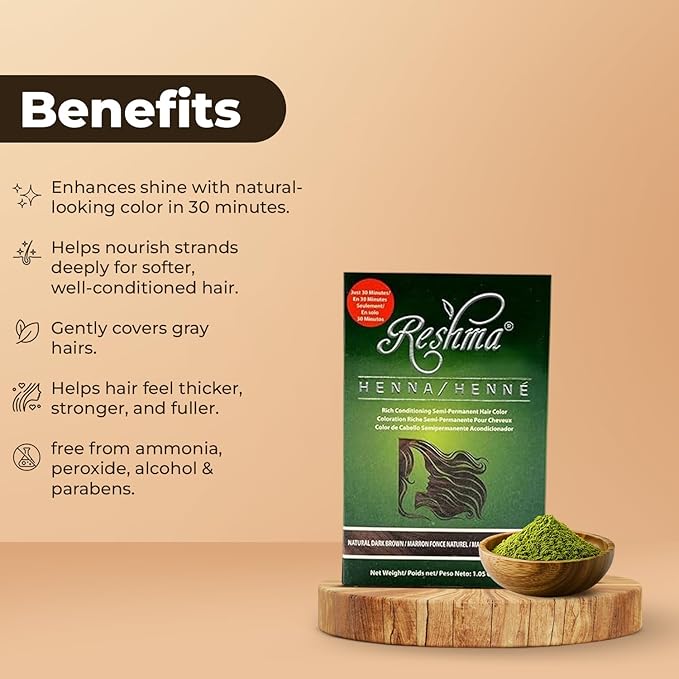 Reshma Beauty 30 Minute Henna Hair Color Infused with Organic Henna Lawsonia Inermis 100% Gray Coverage for Soft, Shiny Hair, Plant-Based Hair Dye—1.05 oz Pack of 1 (Dark Brown)