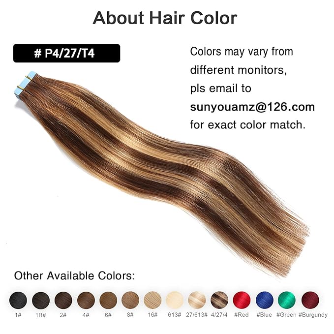 SUYYA Tape in Hair Extensions Human Hair Ombre Color Chocolate Brown to Caramel Blonde Remy Hair 20 inches 20pcs 50g/pack Straight Seamless Skin Weft Tape in Human Hair Extensions(20 inch #P4/27/T4)