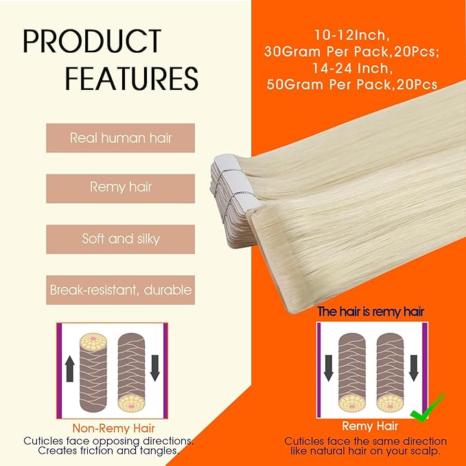 Full Shine BLonde Hair Extensions Real Human Hair Color 60 Tape in Extensions Injection Tape ins Machine Remy Seamless Long Skin Weft 20Inch 50Gram Intact Brazilian Soft for Women 20Pcs