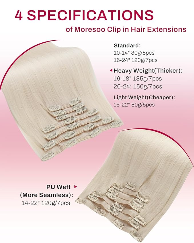 Moresoo Clip in Hair Extensions Remy Double Weft Human Hair Clip in Extensions Straight Hair Extensions for Women White Blonde #60A 7pcs 135g 18inch