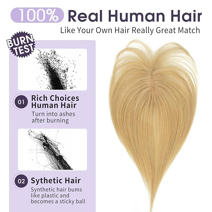 Human Hair Topper with Bangs – 100% Real Remy Hair Topper for Women, Thin Skin Base & Natural Hairline for Thinning Crown, Clip-In Hairpiece (8inch, Strawberry Blonde)