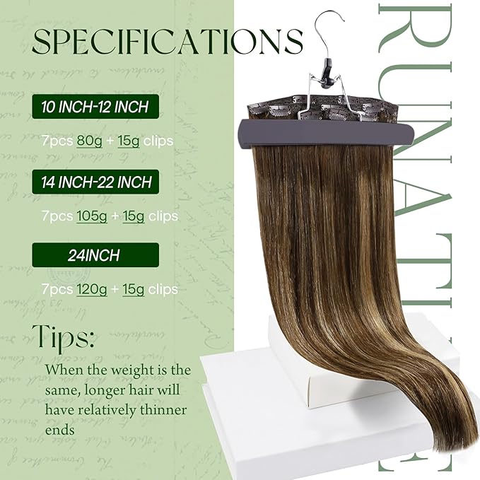 RUNATURE Balayage Clip in Hair Extensions Real Human Hair, Straight Hair Extensions Clip Ins, Double Weft Thick Remy Hair, Natural Looking, No Splits, 14 Inch 120g 7pcs #4/27/4 Brown Ombre