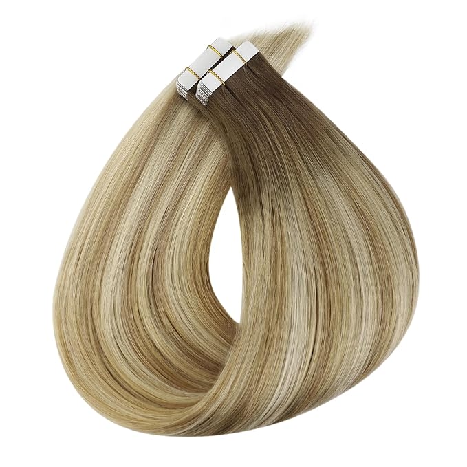 Full Shine Tape in Hair Extensions 16Inch Tape in Human Hair Extensions Brown 6 Fading to 27 And 60 Platinum Blonde Balayage Real Seamless Invisible Hair Eaxtensions Tape in 20Pcs 50G