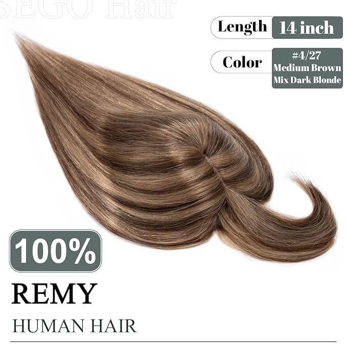 SEGO Hair Toppers for Women Real Human Hair with Thinning Hair, Toppers Hair Pieces Clip in Toppers Straight Hair Pieces with Front Bangs -14 Inch #4/27 Medium Brown Mix Dark Blonde