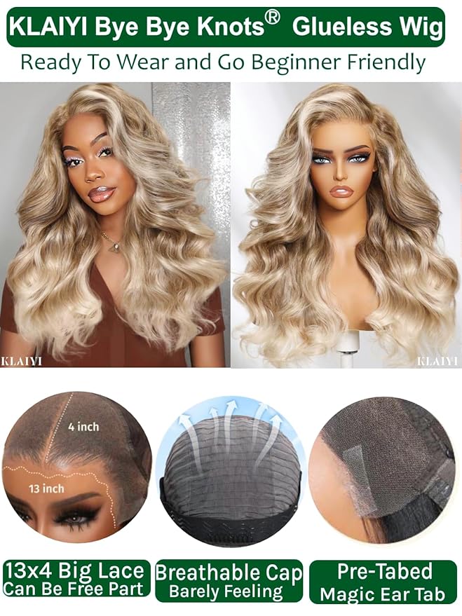KLAIYI Ombre Ash Blonde Loose Body Wave Pre Everything Glueless 13x4 Lace Front Wigs Human Hair Balayage Precut Pre Plucked Bleached Bye Bye Knots 30S Ready to Wear and Go Wig Beginner Friendly 26Inch
