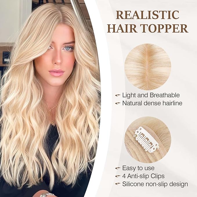 Rich Choices Hair Toppers for Women Real Human Hair 100% Human Remy Toppers NO Bangs with Thinning on Top Clip in Hairpiece 4"x4.7"Lace Base 12 Inch #18P613 Ash Blonde Highlights Bleach Blonde