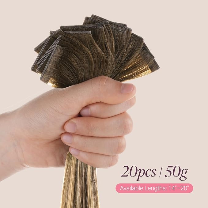 GOO GOO Genius Tape in Hair Extensions, Hand Tied Tape Weft, 4/27/4 Balayage Chocolate Brown to Caramel Blonde, 20inch 50g 20pcs, Remy Human Hair, Seamless Invisible Tape, Natural Blend, Lightweight