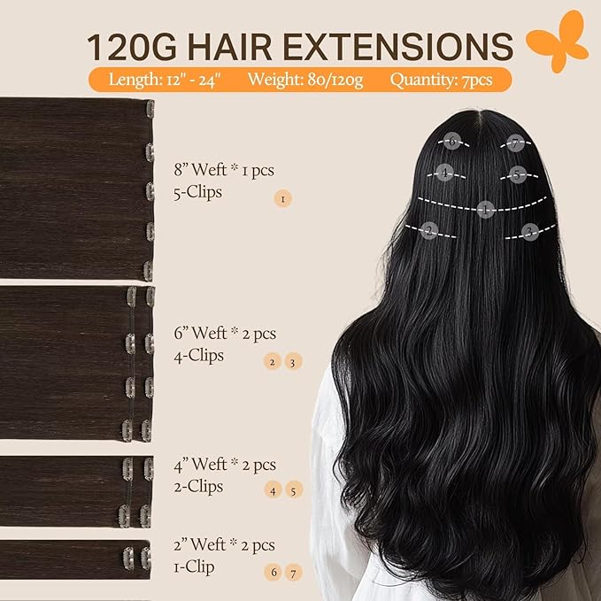 DOORES New Dark Brown 18 Inch 120g 7pcs Clip in Human Hair Extensions Real Human Hair Natural Hair Extensions Straight Thick