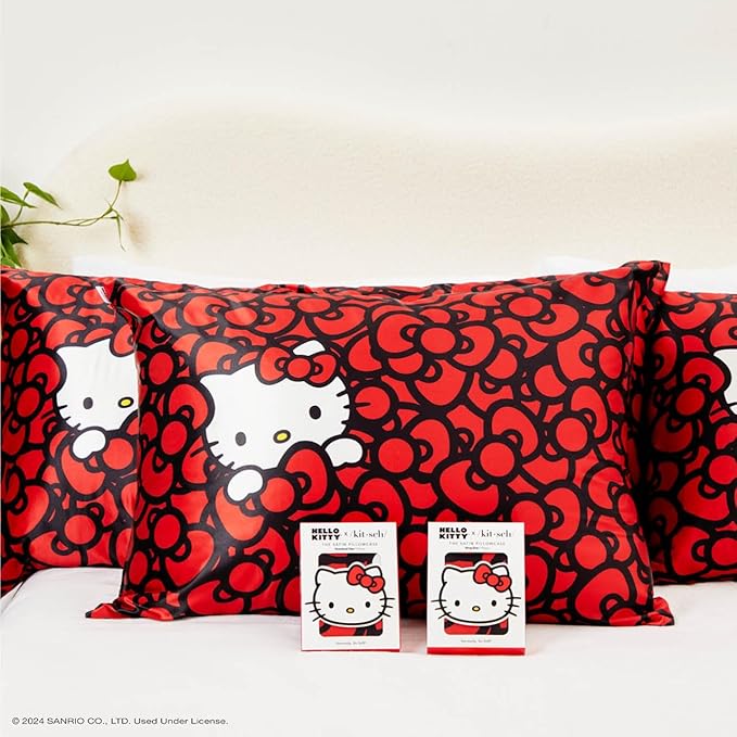 Kitsch x Hello Kitty Pillow Case – Sea of Bows Toddler Bed Time Satin Pillowcase with Zipper – Soft Cooling Pillow Cover for Hair & Skin – Better Than Silk Pillowcase – Queen/Standard 19x26