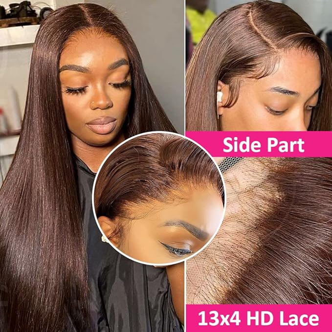 Hermosa 13x4 Brown Lace Front Wigs Human Hair 180 Density Straight Lace Frontal Human Hair Wigs Pre Plucked Hairline 4# Brown Color 28 Inch