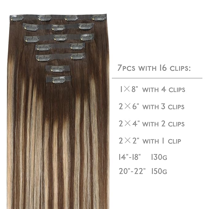 WENNALIFE Seamless Clip in Hair Extensions Human Hair, 12 Inch 80g 7pcs Balayage Chocolate Brown to Honey Blonde Real Hair Extensions Clip Ins Invisible PU Skin Weft Natural Remy Hair