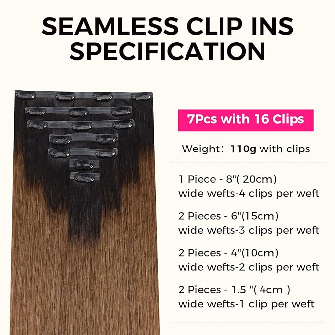 Lashey Light Yaki Straight Seamless Clip in Hair Extensions Human Hair 110g 7pcs Ombre Natural Black to Medium Auburn Hair Extensions Real Human Hair 20 Inch Long Human Hair Extensions for Women