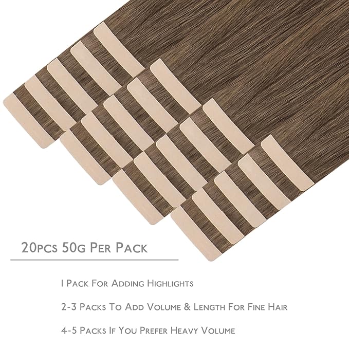 WENNALIFE Tape in Hair Extensions Human Hair, 20pcs 50g 16 inch Light Ash Brown Remy Hair Extensions Straight Human Hair Tape in Extensions Skin Weft Tape Extensions Human Hair