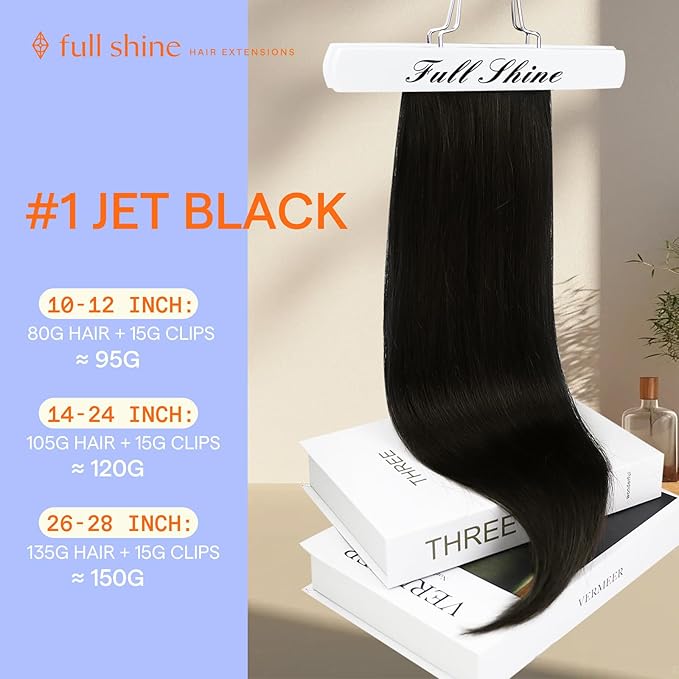 Full Shine Black Human Hair Clip in Extensions Straight Clip in Remy Extensions Jet Black Hair Extensions Clip ins Seamless Thick Ends 14 Inch 120 G 7 Pcs