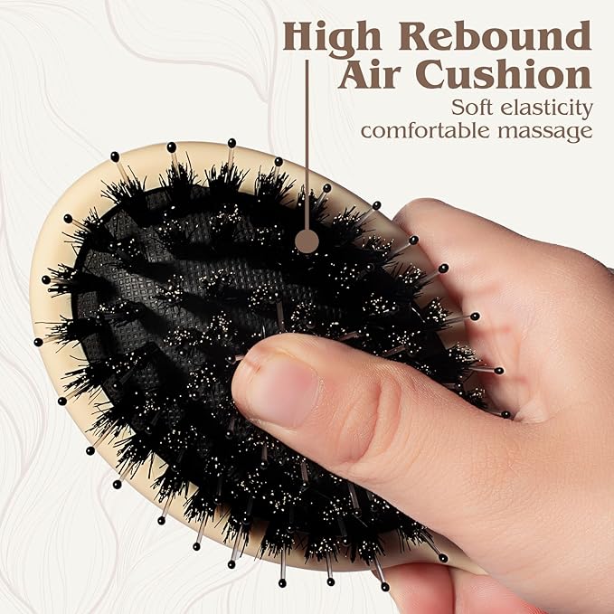 Mini Boar Bristle Hair Brush - Boar & Nylon Bristle Small Brush for Women Kids Long Short Hair to Smooth Add Shine - Travel Size Hair Brush for Purse,Pocke, Yellow