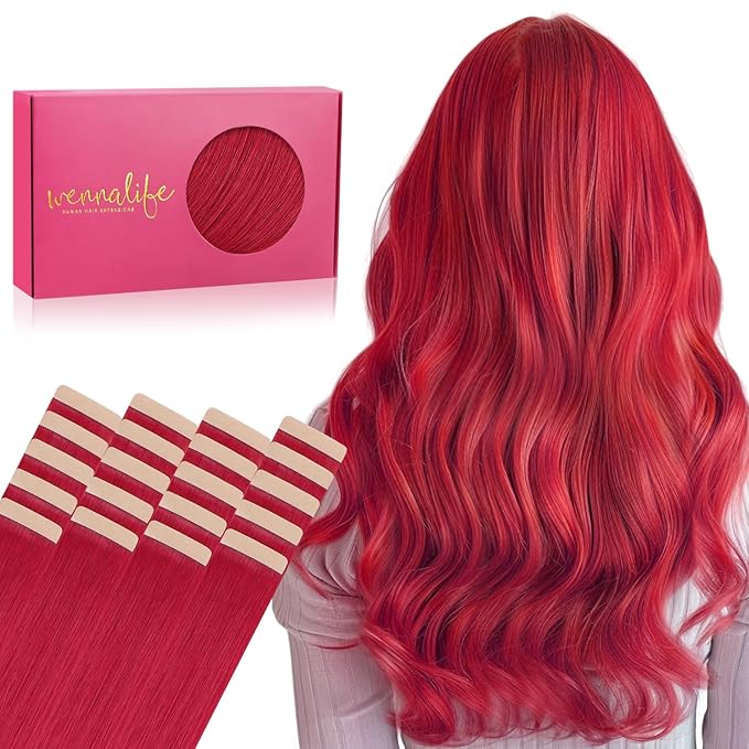 WENNALIFE Tape in Hair Extensions Human Hair, 20pcs 50g 18 inch Red Remy Hair Extensions Straight Human Hair Tape in Extensions Tape Ins Straight Extensiones De Cabello Humano Skin Weft