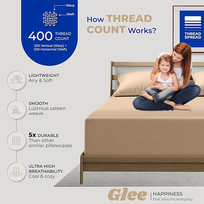 THREAD SPREAD 100% Cotton King Size Pillow Cases Set of 2-400 Thread Count Pillow Cases King Size Set of 2 (Taupe), Luxuriously Soft Hotel Quality Sateen Weave Pillowcases, Crisp & Cool