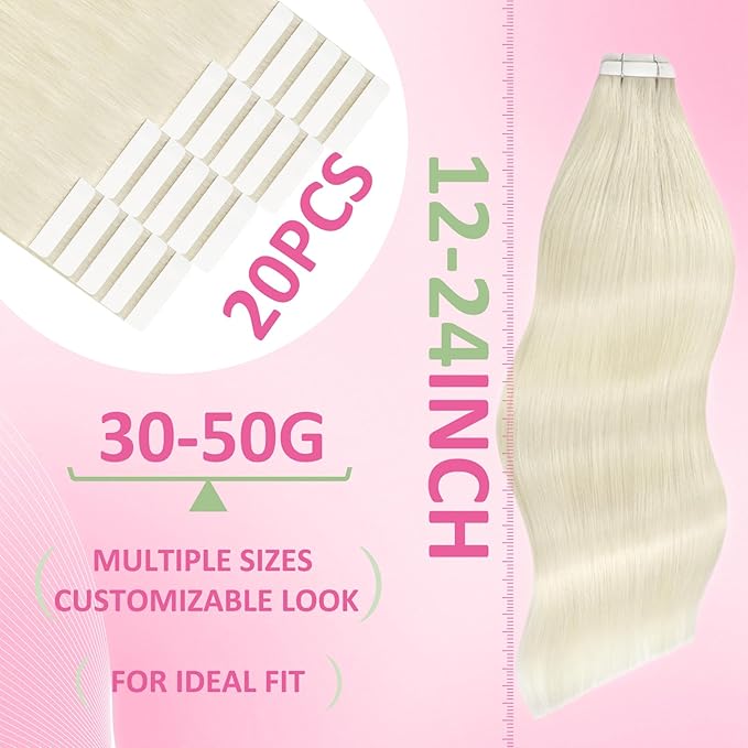 YoungSee Platinum Blonde Tape in Extensions Human Hair 24 Inch Invisible Tape in Hair Extensions Human Hair Platinum Blonde Tapes on Hair Extension Remy Hair for Long Hair 20pcs 50g