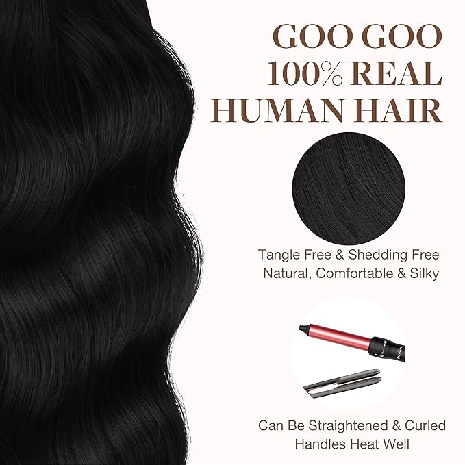 GOO GOO Tape in Hair Extensions Human Hair, 1 Jet black, 18inch 25g 10pcs, Skin Weft Seamless Invisible, Silky Straight with Thick Ends, Remy Human Hair