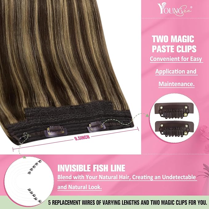 YoungSee 135G Invisible Wire Hair Extensions Real Human Hair Brown Highlights Wire Human Hair Extensions Highlights Dark Brown with Blonde One Piece Hair Extensions Long Straight Hair 24inch