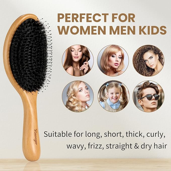 Hair Brush, Boar Bristle Hair Brushes for Women men Kid, Curved Boar & Nylon Bristle Brush for Wet/Dry Hair Smoothing Massaging Detangling, Everyday Brush Enhance Shine & Health