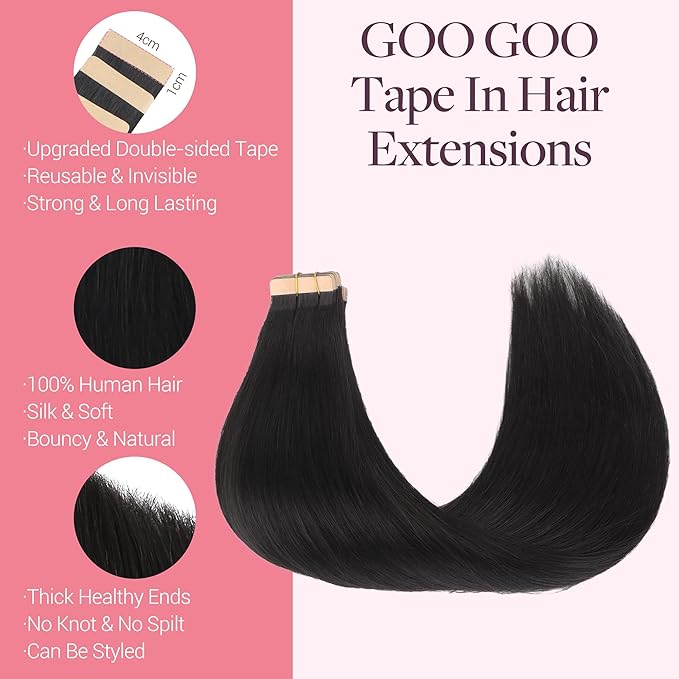 GOO GOO Tape in Hair Extensions Human Hair, 1B Natural black, 14inch 50g 20pcs, Skin Weft Seamless Invisible, Silky Straight with Thick Ends, Remy Human Hair