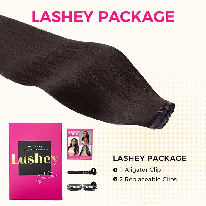 Lashey Seamless Clip in Hair Extensions Human Hair 130g 9pcs #2 Dark Brown 16 Inch Light Yaki Straight Clip in Hair Extensions Real Human Hair with Flat PU Invisi Edge Full Pack