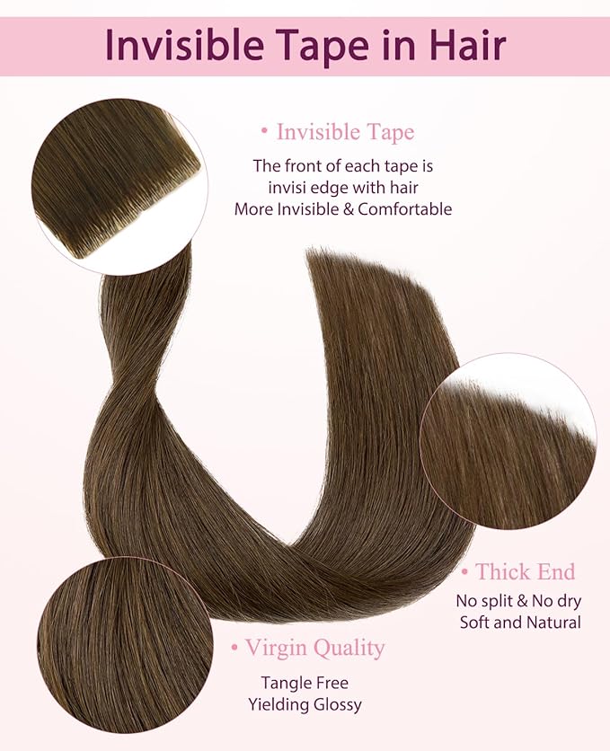 Pinkpearl Invisible Tape in Hair Extensions Human Hair, 20pcs 14inch 40g #4 Chocolate Brown Injection Tape in Extensions Real Remy Straight Seamless Silky Human Hair Injected