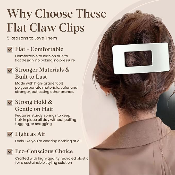 4 PCS Medium Flat Hair Clips Claw for Women, Non-slip Rectangular Lay Down Hair Clip for Thick Thin Hair Comfortable Hair Accessories for Driving, Lying, Exercising, Leopard Tortoise Shell Pattern