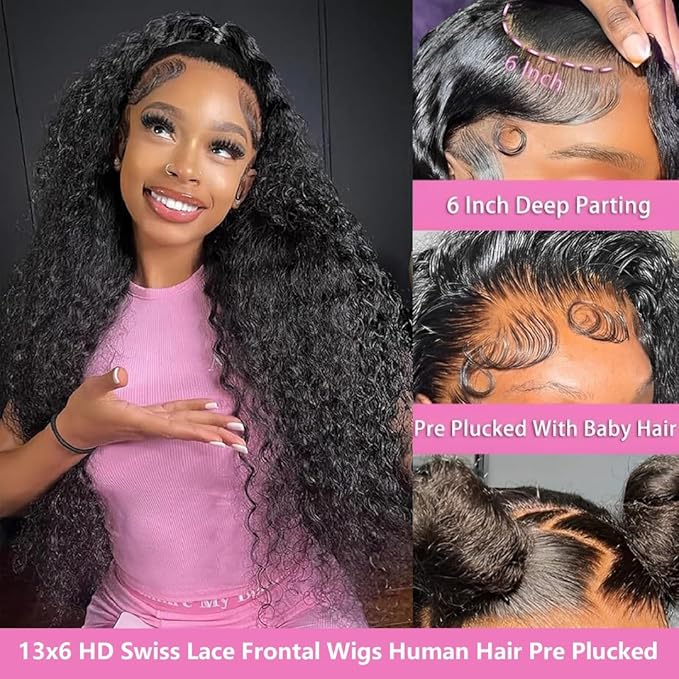16 Inch 13x6 Deep Wave Lace Front Wigs Human Hair 200 Density 13x6 HD Lace Front Wigs Human Hair Pre Plucked Deep Curly Glueless Wig 100% Virgin Human Hair Lace Front Wigs for Women