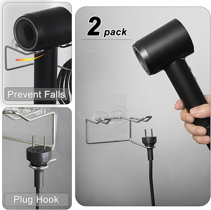 2 Pack Hair Dryer Holder, Wall Mount Self Adhesive Waterproof Blow Dryer Rack Storage Organizer Hanger, Compatible with Dyson and Most Hair Blower Appliance, Curling Iron, Straighteners, Brush
