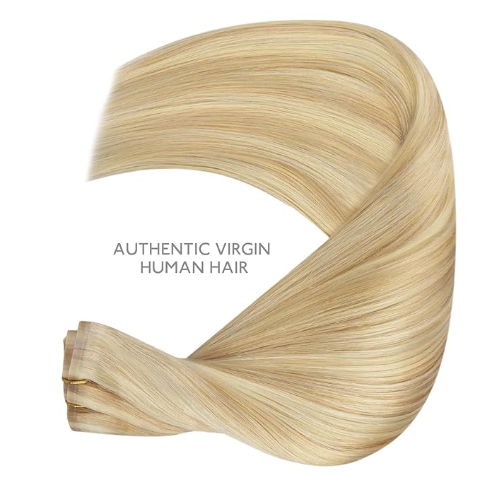 WENNALIFE Seamless Clip In Hair Extensions, 22 Inch 7pcs 150g Light Blonde Highlighted Golden Blonde Hair Extensions Clip In Real Human Hair Extensions Invisible PU Weft Human