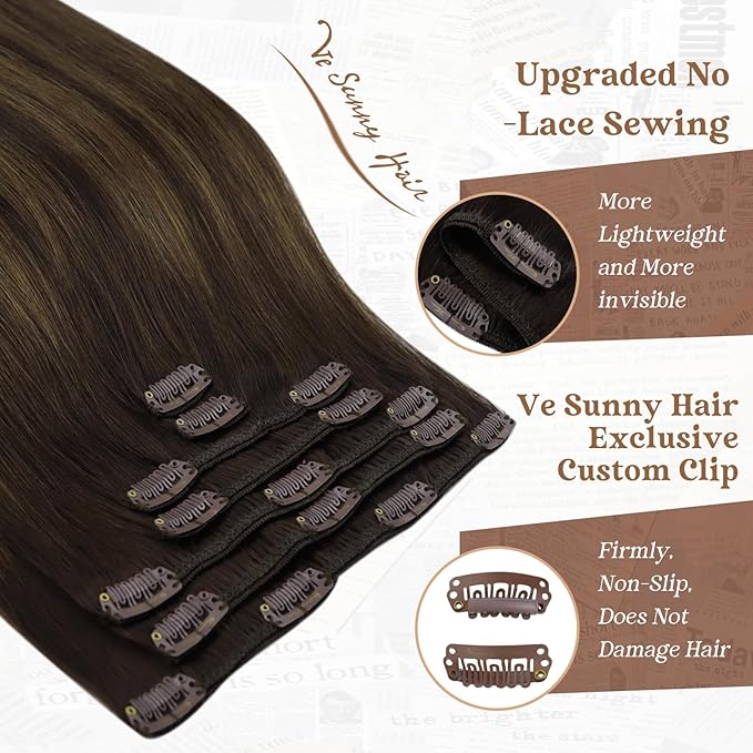 Ve Sunny Human Hair Clip in Extensions 22Inch Long Clip in Hair Extensions Real Human Hair Balayage Dark Brown Hair Extensions Clip ins for Women Easy Apply 120g