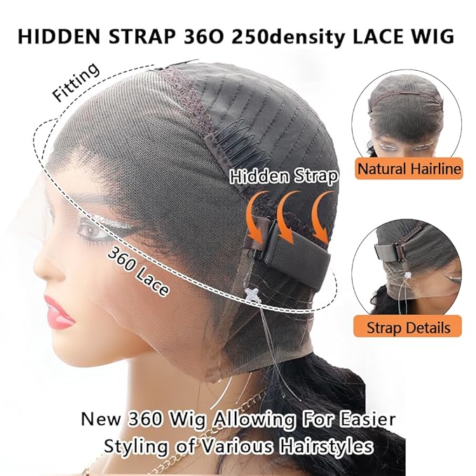 Hidden Strap Invisi Strap Straight 360 Glueless Wigs Human Hair Pre Plucked Pre Bleached Brazilian Virgin Wig With Drawstring 250 Density HD Full Lace Front Wigs Human Hair 26 Inch