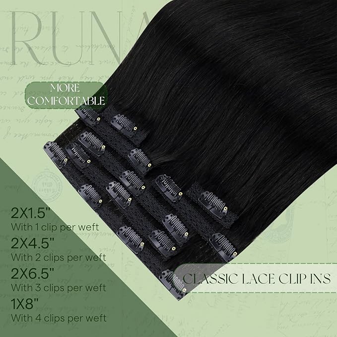 RUNATURE Black Clip in Hair Extensions, Real Hair Extensions Clip Ins, Short Human Hair Clip in Extensions, Remy Natural Hair, Thick Full Ends, Add Hair Volume, 10 Inch 80g 7pcs #1B Off Black