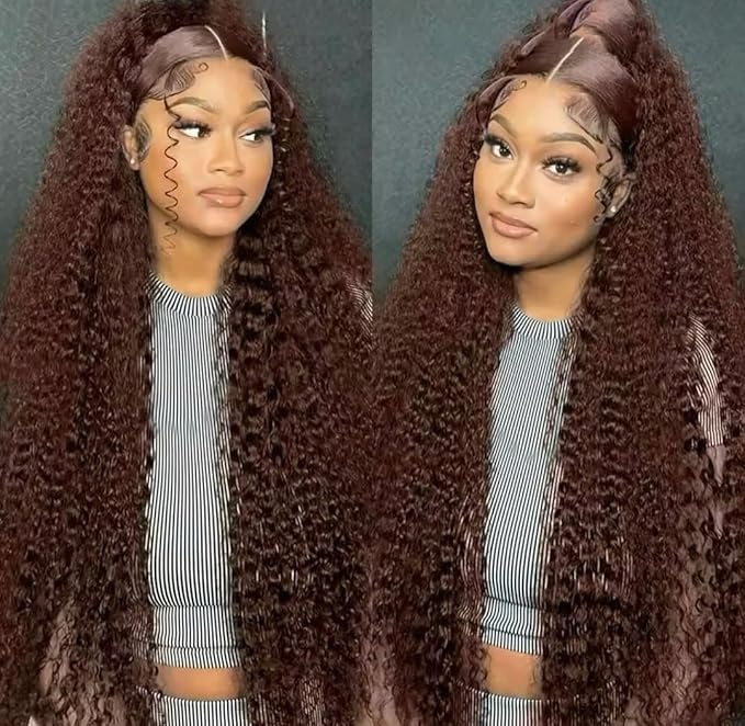 26 Inch Chocolate Brown Deep Wave Lace Front Wigs Human Hair Pre Plucked 200% Density 13x6 HD Lace Frontal Wigs with Baby Hair Deep Curly Wet and Wavy Glueless Wigs for Women (4# Brown, 26 Inch)