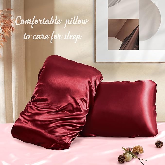 Manyshofu Satin Pillowcases for Hair Protection - 2Pcs Maroon Pillow Cases, Elastic Band Standard & Queen Satin Pillowcases Luxury Silky Pillow Cases Travel Pillow Covers, MSF2402010590