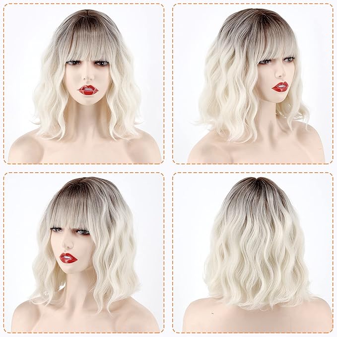 MISSQUEEN Short Platinum Blonde Wavy Wig with Bangs,Dark Roots Short White Blonde Wig for Women,Middle Part Cosplay blonde Wigs Natural Looking for Daily Use