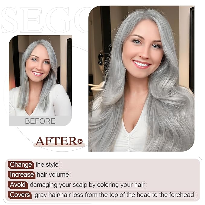 SEGO Hair Topper for Women, No Bangs Real Human Hair Topper with Anti-Slip Clips (14 Inches #Grey)