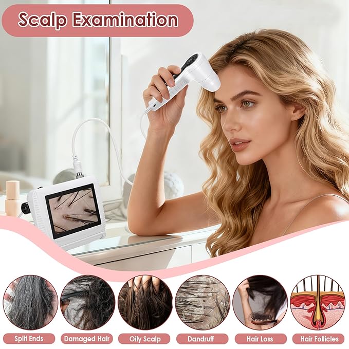 Skin Hair Analyzer, 5 Inch LCD Digital Scalp Detector with 50X/200X Lens, Rechargeable Hair Follicle Scanner for Skin Analysis, Home Salon Use, Portable Dermatoscope Tool