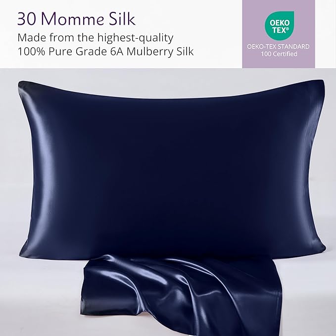 Mulberry Park 30 Momme 100% Pure Mulberry Silk Pillowcase - Luxury Charmeuse Weave for Hair and Skin, Cooling Silk Pillow Cover for Beauty Sleep - Standard Size 20"x26" / Navy