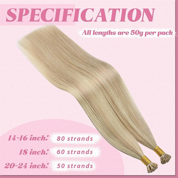 YoungSee Itip Hair Extensions Blonde Itip Hair Extensions Real Human Hair Ash Blonde Highlights Bleach Blond I Tip Hair Extension 20 Inch 50s 50g I-Tip Real Human Hair Extension