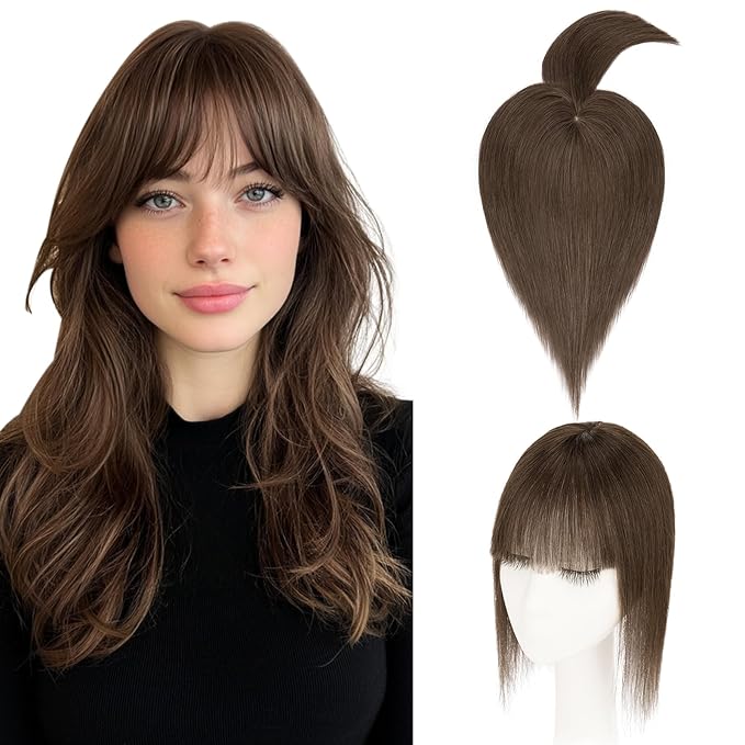 Hairro Mono Hair Toppers with Bangs, 3.4" x 3.4" Mono Base 100% Real Human Hairpieces for Women, 150% Density Clips In Topper for Greyish Thinning Hair, 10 Inch Cocoa Brown